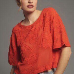 By Anthropologie Sheer Embroidered Boxy Top